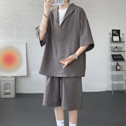 【整套】亞麻假兩件薄款透氣老錢風短袖T恤短褲套裝