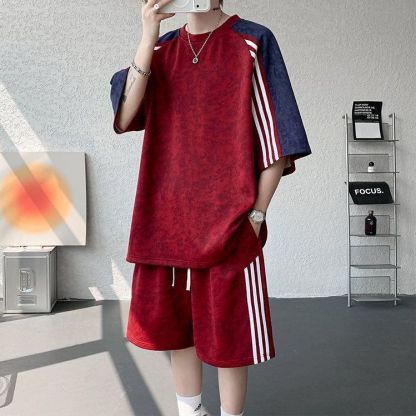 【整套】扎染條紋拼接撞色短袖短褲兩件套裝