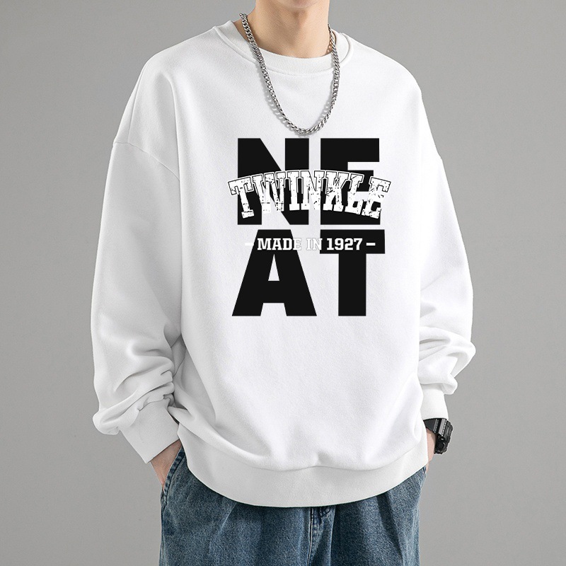 重磅美式寬鬆圓領印花潮流刷毛長袖T恤