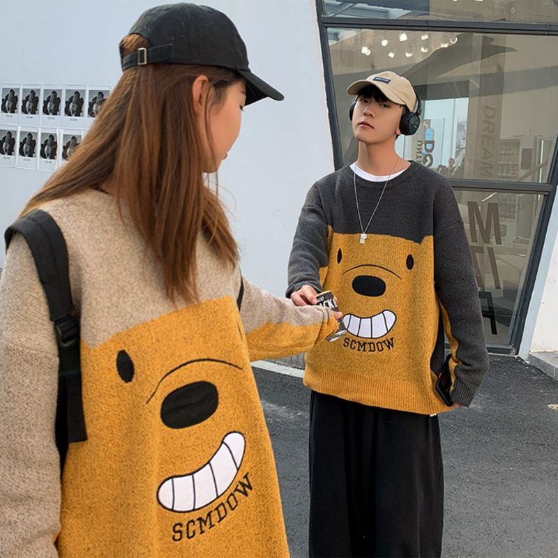 春秋韓版潮流情侶裝長袖休閒小熊針織毛衣