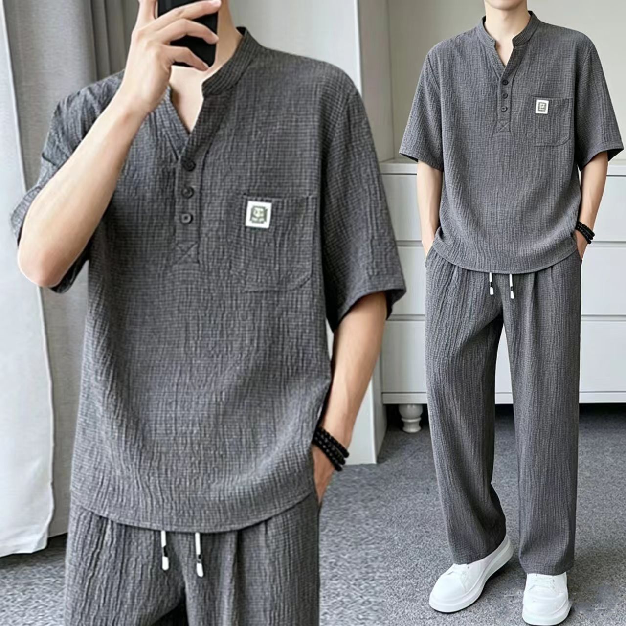 @【整套】新中式V領皺感寬松茶服短袖+薄款休閑長褲兩件套
