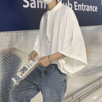 新中式寬鬆顯瘦百搭冰絲五分袖蝙蝠襯衫