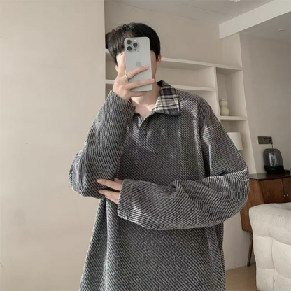 假兩件針織polo打底衫寬鬆大碼長袖t恤