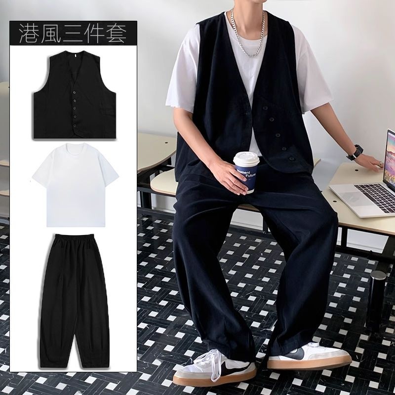 【單件/套裝】日系痞帥潮流高級工裝馬甲+百搭T恤+休閑闊腿褲三件套