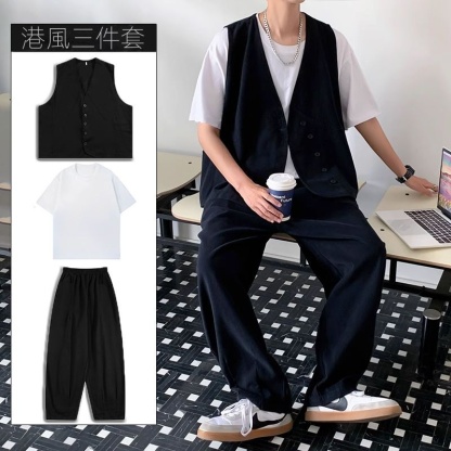 【單件/套裝】日系痞帥潮流高級工裝馬甲+百搭T恤+休閑闊腿褲三件套