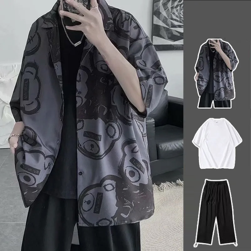 【單件/整賣】韓版短袖港風痞帥寬鬆百搭印花三件套裝