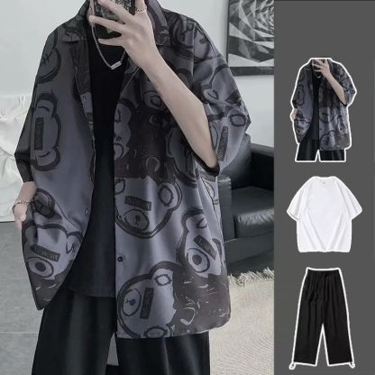 【單件/整賣】韓版短袖港風痞帥寬鬆百搭印花三件套裝