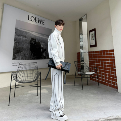 【整套】高級感痞帥寬鬆設計感開衫夾克+休閒運動闊腿褲兩件套