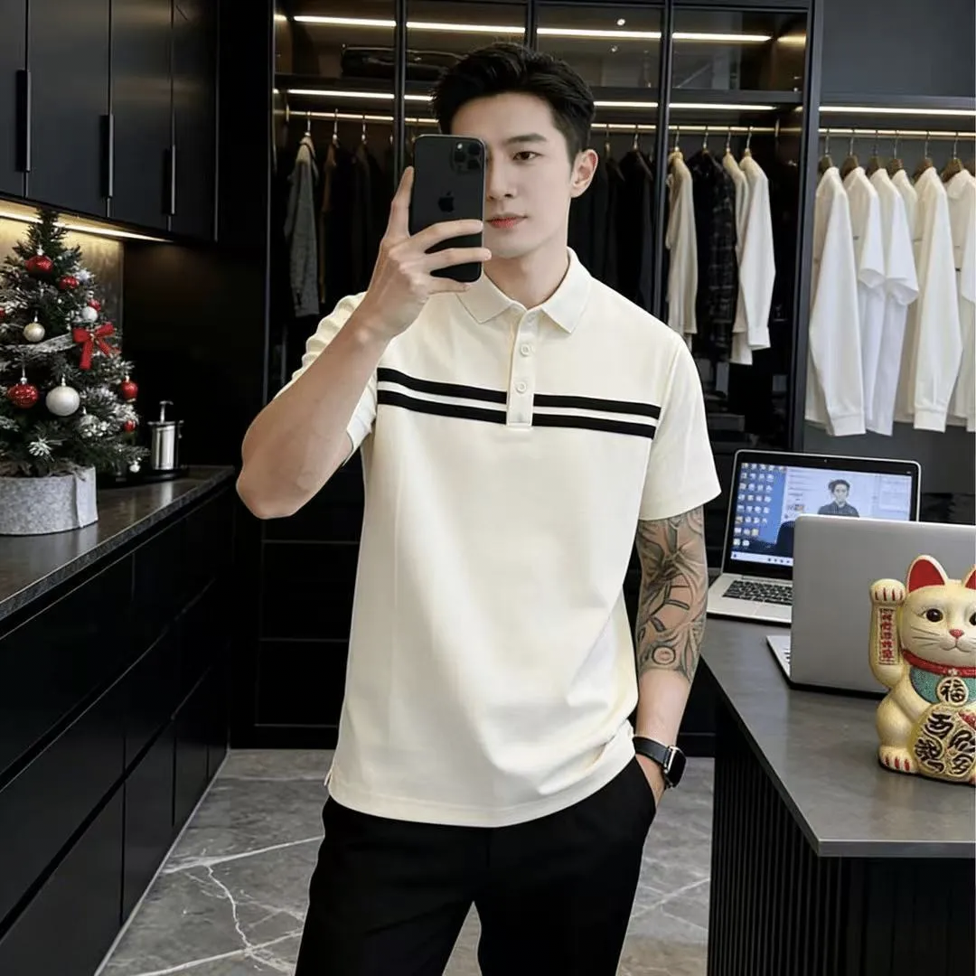 條紋Polo領百搭潮流輕奢休閒短袖T恤