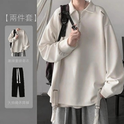 【單件/套裝】日系polo領設計感半拉鏈翻領上衣+長袖T恤+百搭休閑褲三件套