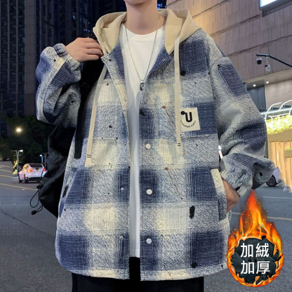 格子連帽潮流帥氣棒球服長袖夾克