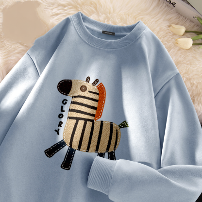 麂皮圓領寬鬆小馬百搭套頭長袖T恤