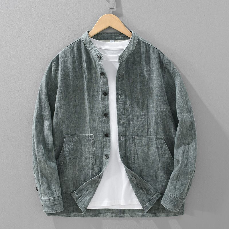 日系復古休閒寬鬆立領時尚漸變色苧麻外套