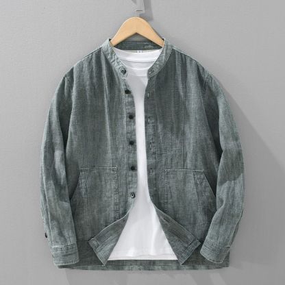 日系復古休閒寬鬆立領時尚漸變色苧麻外套