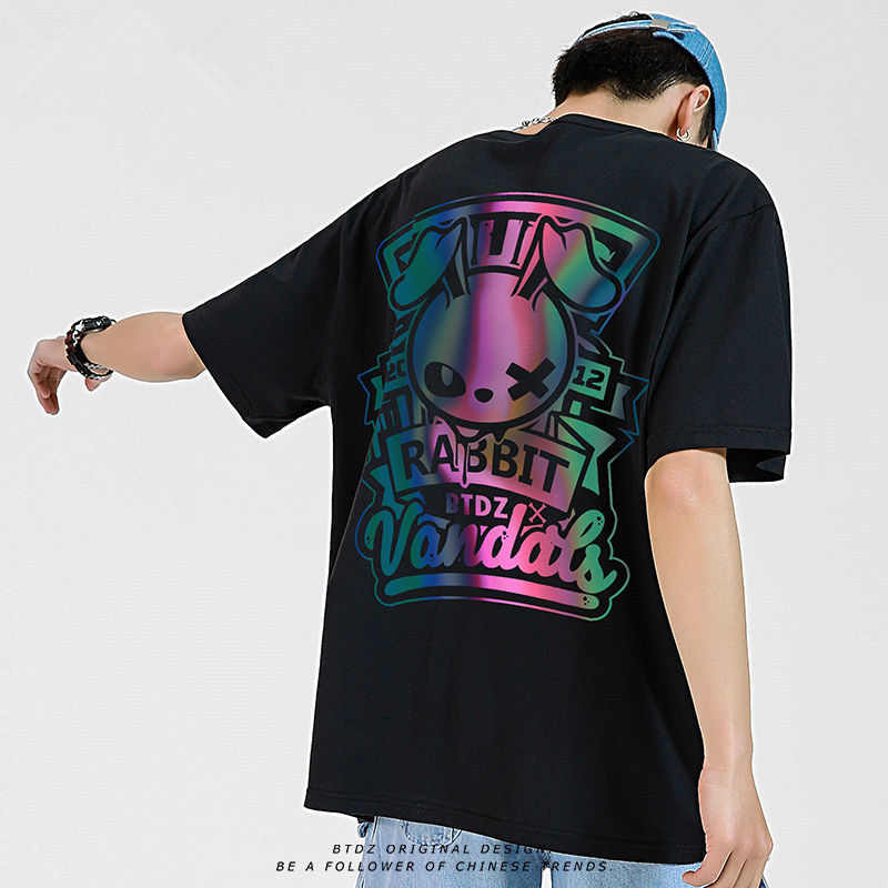 炫彩反光oversize港味街頭兔子聯名ins國潮情侶裝上衣
