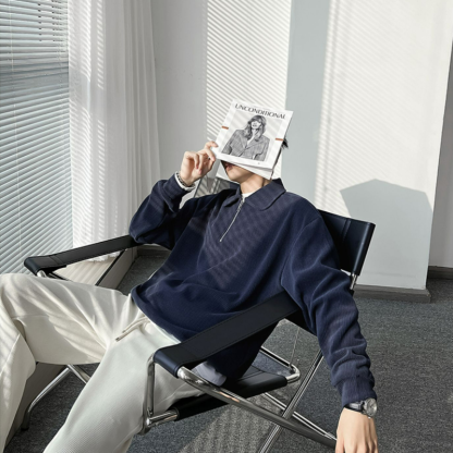 痞帥炸街輕熟風翻領條紋薄半拉鍊長袖polo衫