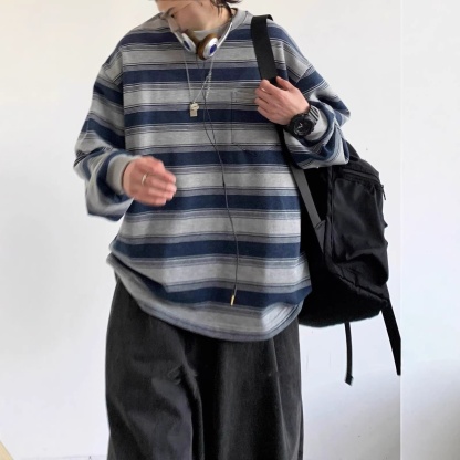 【單件/套裝】日系圓領條紋T恤+休閒褲兩件套裝