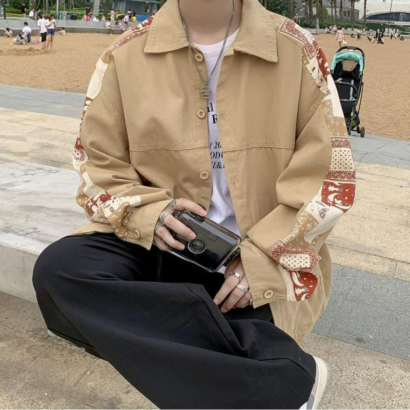 休閒工裝拼接花袖寬鬆文藝夾克外套