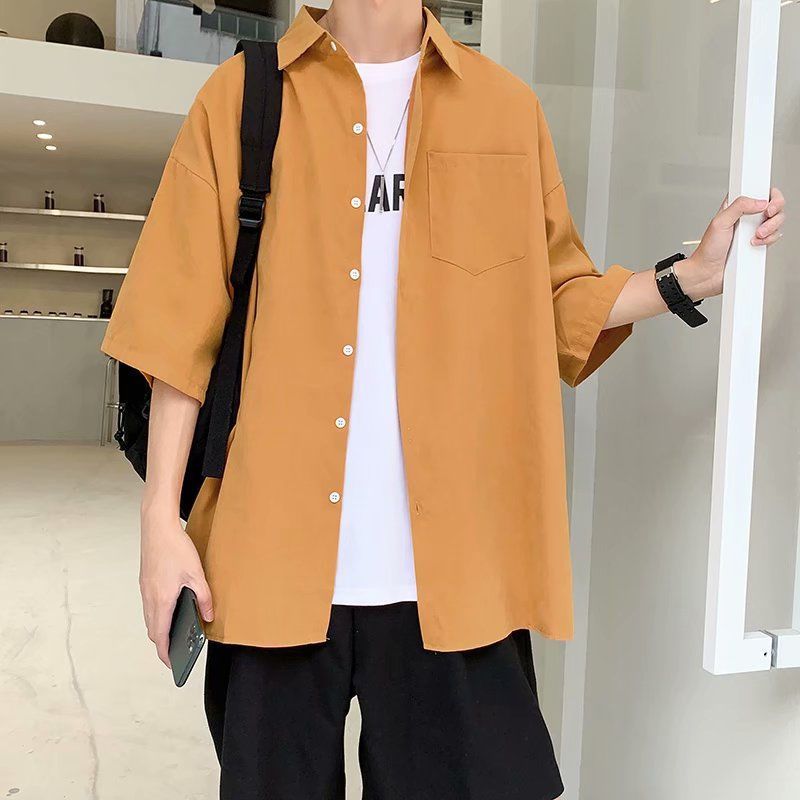 韓版潮流帥氣素色港風痞帥寬鬆情侶短袖襯衫