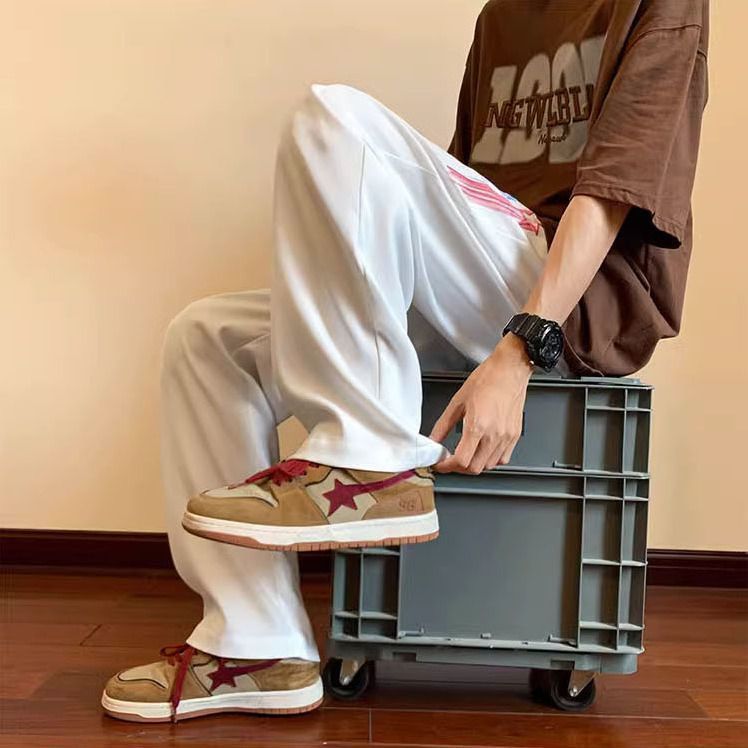 塗鴉星星美式復古休閒垂感痞帥直筒運動褲