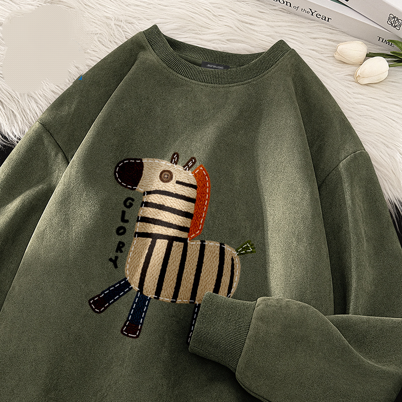 麂皮圓領寬鬆小馬百搭套頭長袖T恤