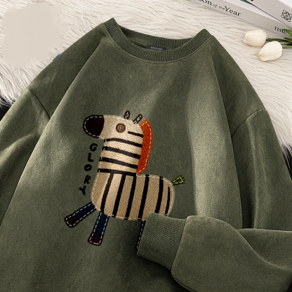 麂皮圓領寬鬆小馬百搭套頭長袖T恤