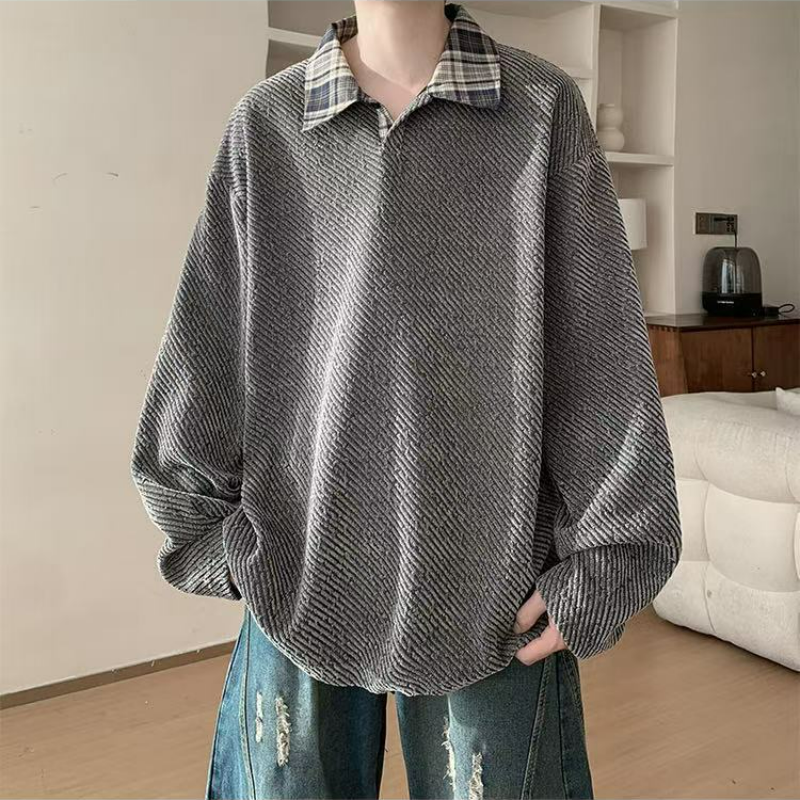 假兩件針織polo打底衫寬鬆大碼長袖t恤