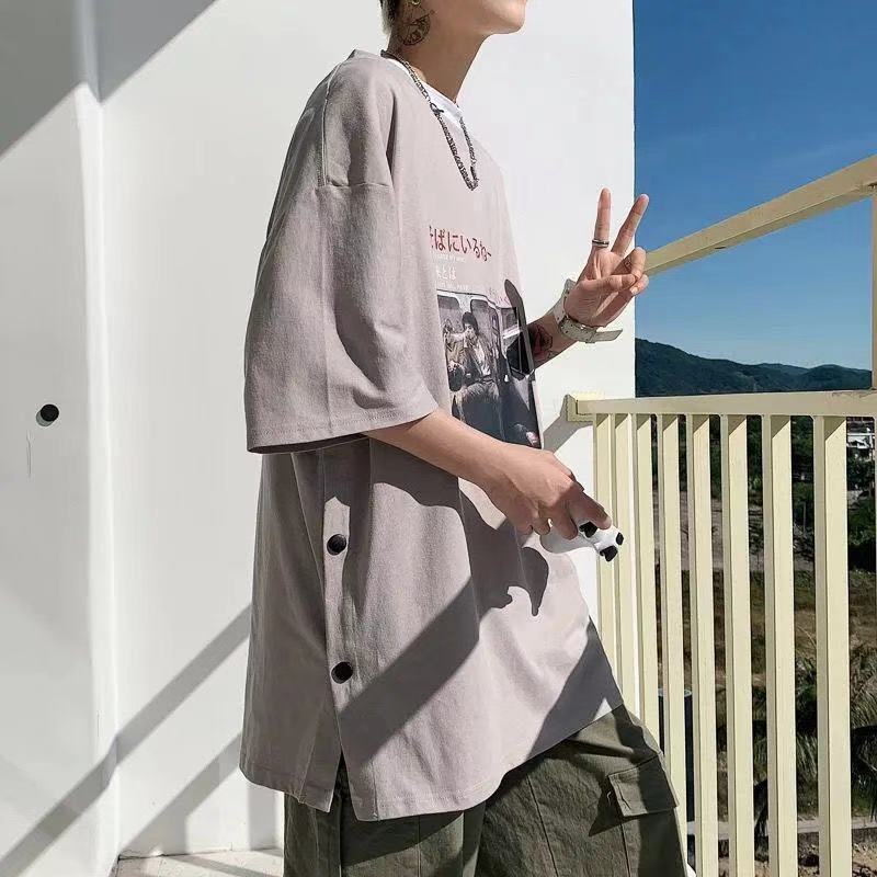 港風潮流寬鬆大碼印花百搭排扣短袖t恤