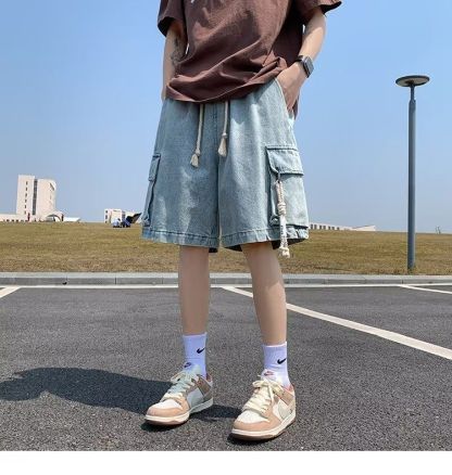Oversize直筒五分褲港風設計感闊腿牛仔短褲
