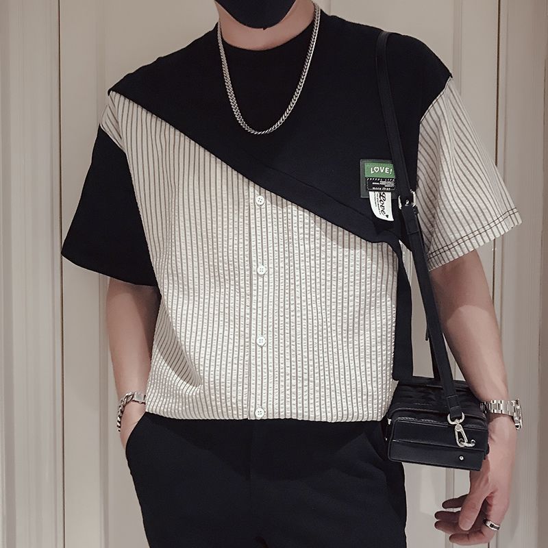 休閒潮流拼接薄款假兩件短袖t恤