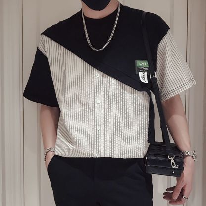 休閒潮流拼接薄款假兩件短袖t恤