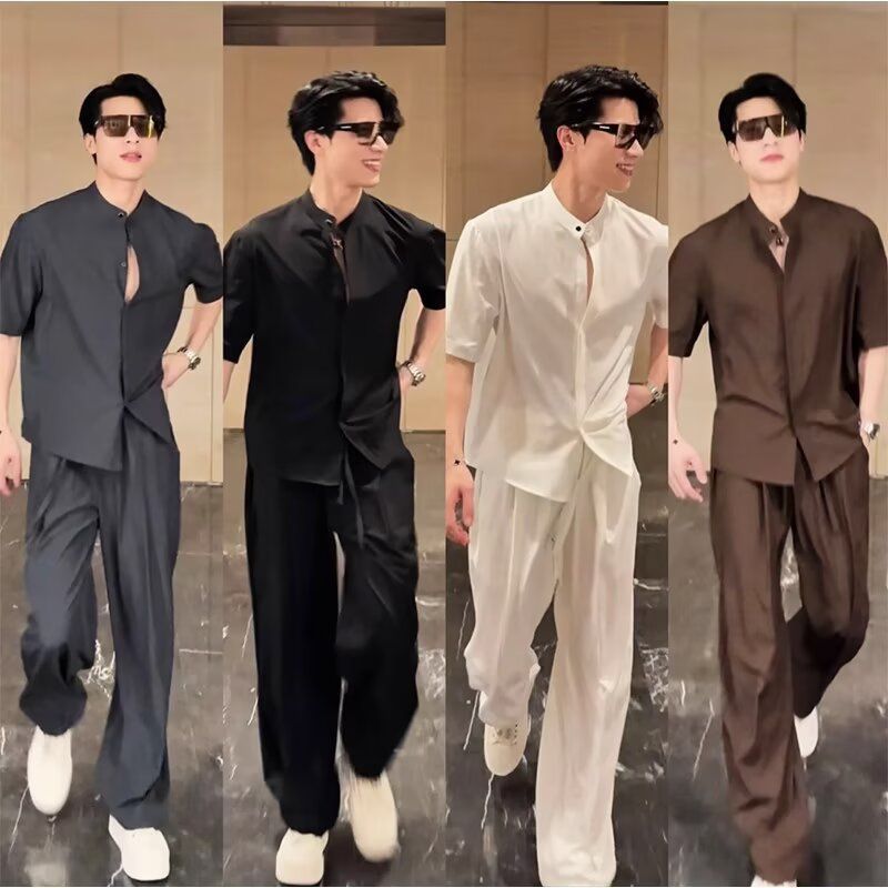 【單件/套裝】韓版潮流素色薄款冰絲襯衫+百搭休閑西裝兩件套