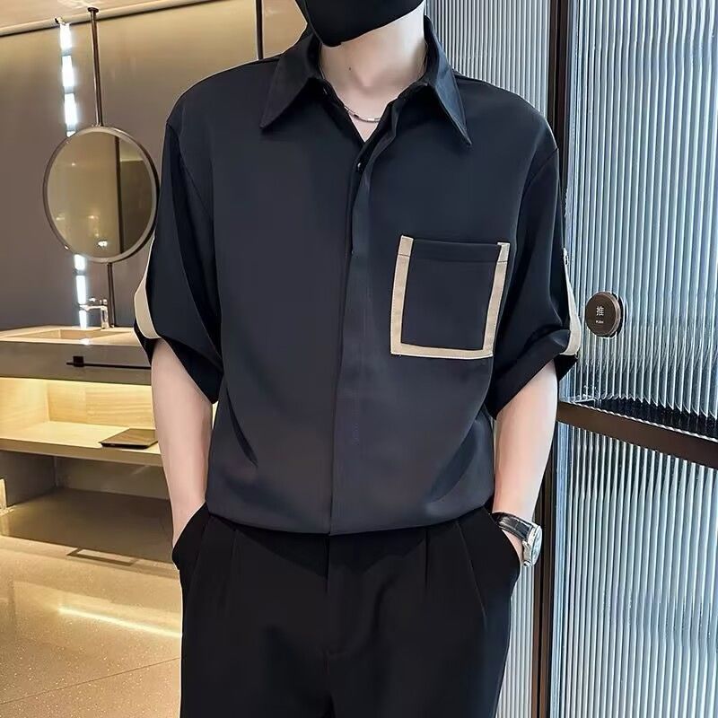 高級感時尚潮流痞帥拼接撞色短袖襯衫