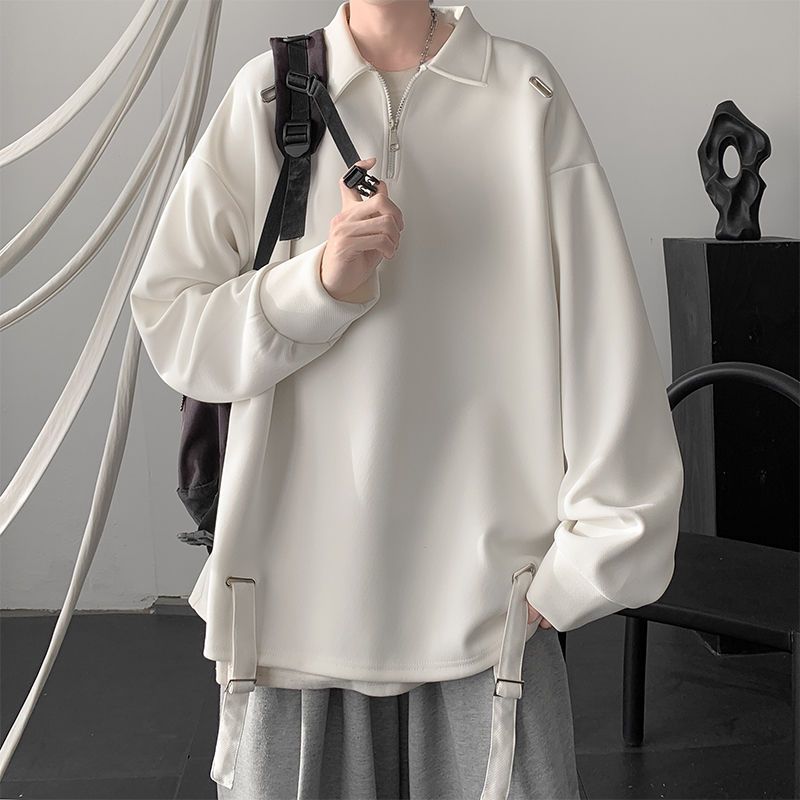 【單件/套裝】日系polo領設計感半拉鏈翻領上衣+長袖T恤+百搭休閑褲三件套