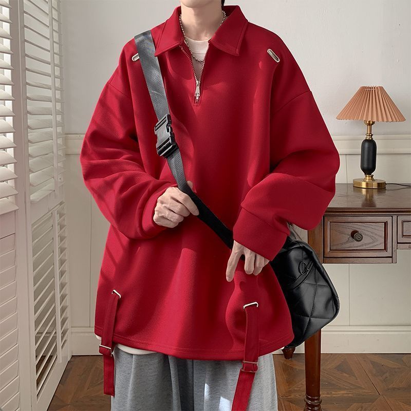 【單件/套裝】日系polo領設計感半拉鏈翻領上衣+長袖T恤+百搭休閑褲三件套