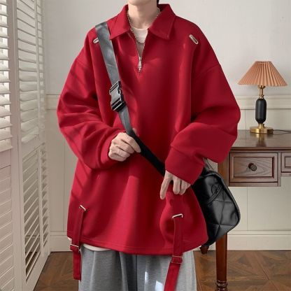 【單件/套裝】日系polo領設計感半拉鏈翻領上衣+長袖T恤+百搭休閑褲三件套