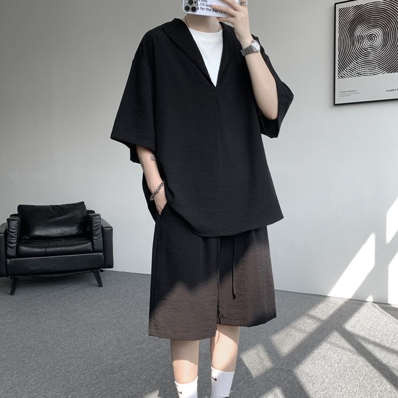 【整套】亞麻假兩件薄款透氣老錢風短袖T恤短褲套裝