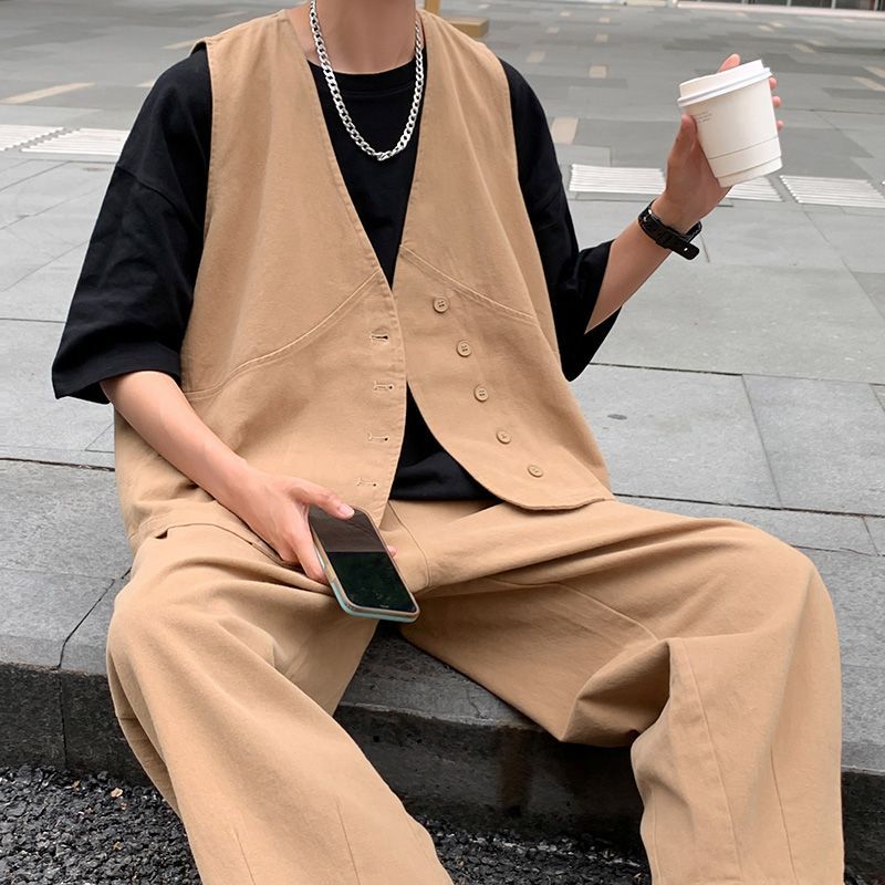 【單件/套裝】日系痞帥潮流高級工裝馬甲+百搭T恤+休閑闊腿褲三件套