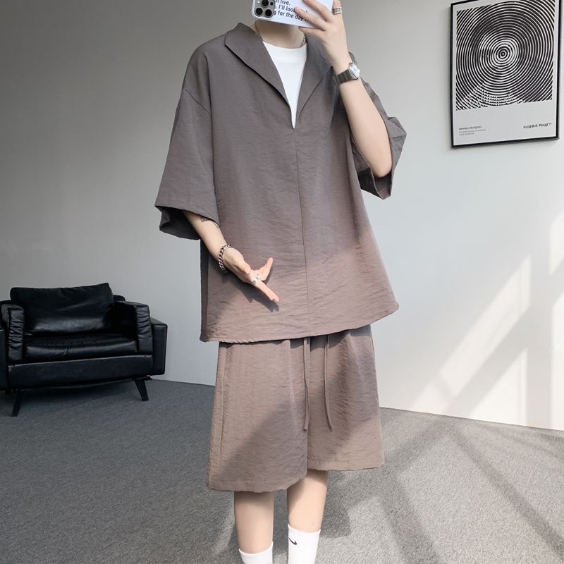 【整套】亞麻假兩件薄款透氣老錢風短袖T恤短褲套裝