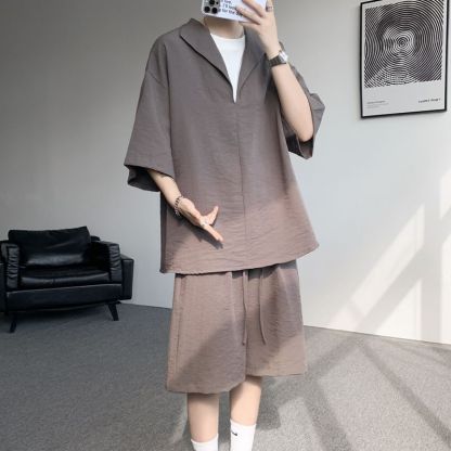 【整套】亞麻假兩件薄款透氣老錢風短袖T恤短褲套裝