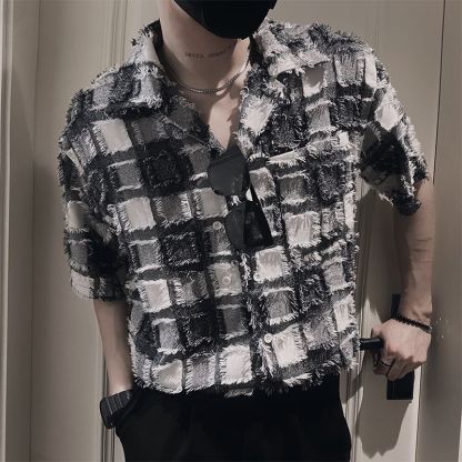 格子毛邊時尚休閒薄款五分袖襯衫