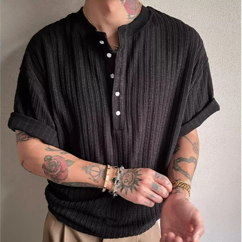 肌理褶皺軟糯感亨利領修身V領短袖t恤