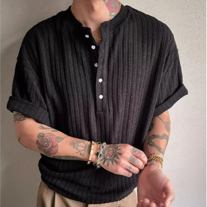 肌理褶皺軟糯感亨利領修身V領短袖t恤