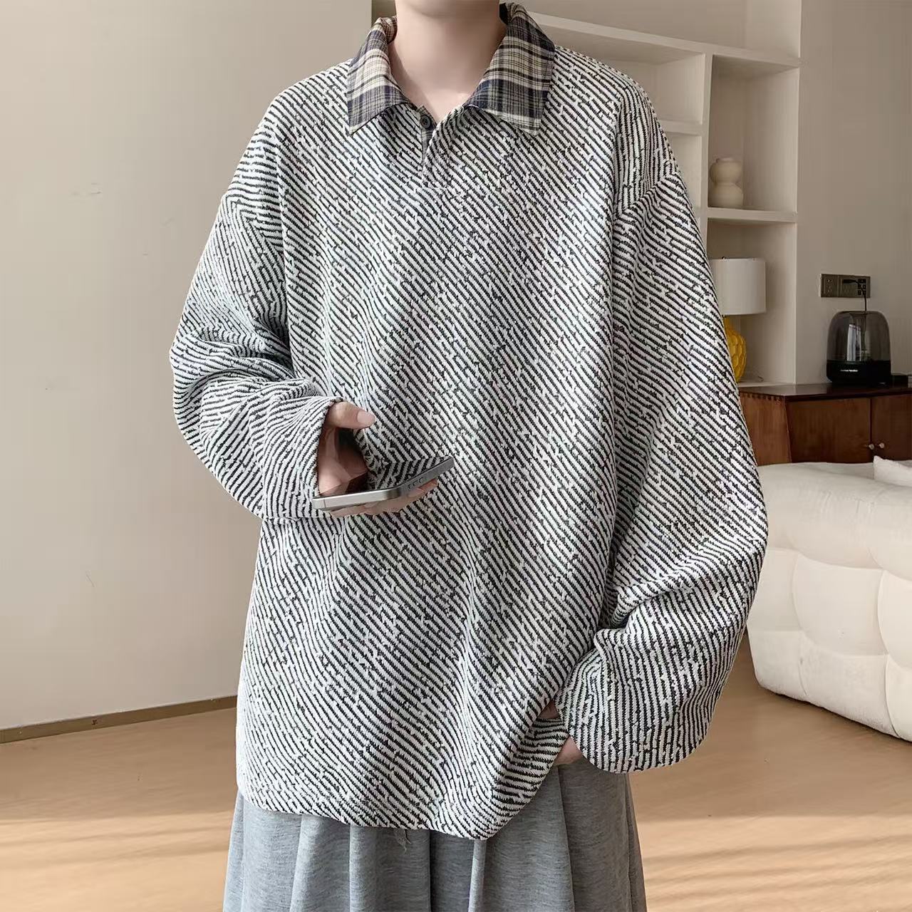 假兩件針織polo打底衫寬鬆大碼長袖t恤