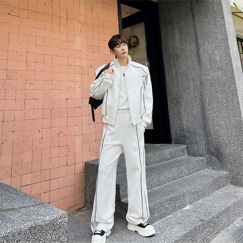 【整套】高級感痞帥寬鬆設計感開衫夾克+休閒運動闊腿褲兩件套