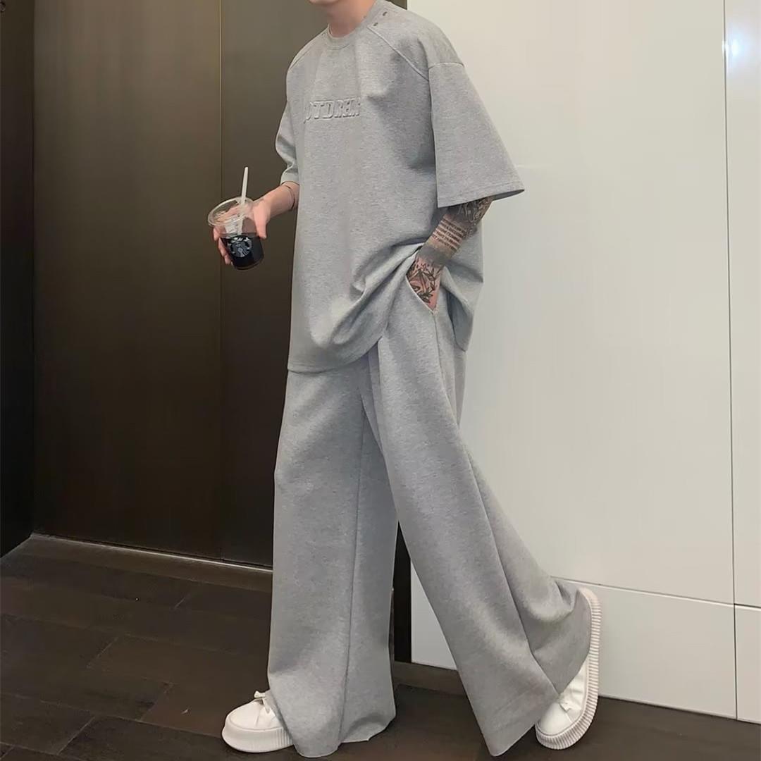 【整套】高街痞帥休閑寬松短袖t恤+運動直筒闊腿褲兩件套