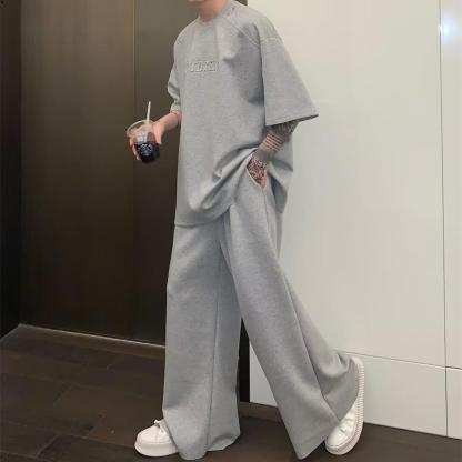 【整套】高街痞帥休閑寬松短袖t恤+運動直筒闊腿褲兩件套