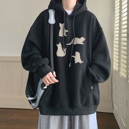 卡其色刷毛加厚小貓印花潮牌美式重磅連帽T