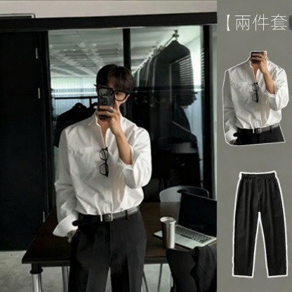 【單件/套裝】高級感長袖襯衫+黑色西裝褲兩件套裝-NitSoon