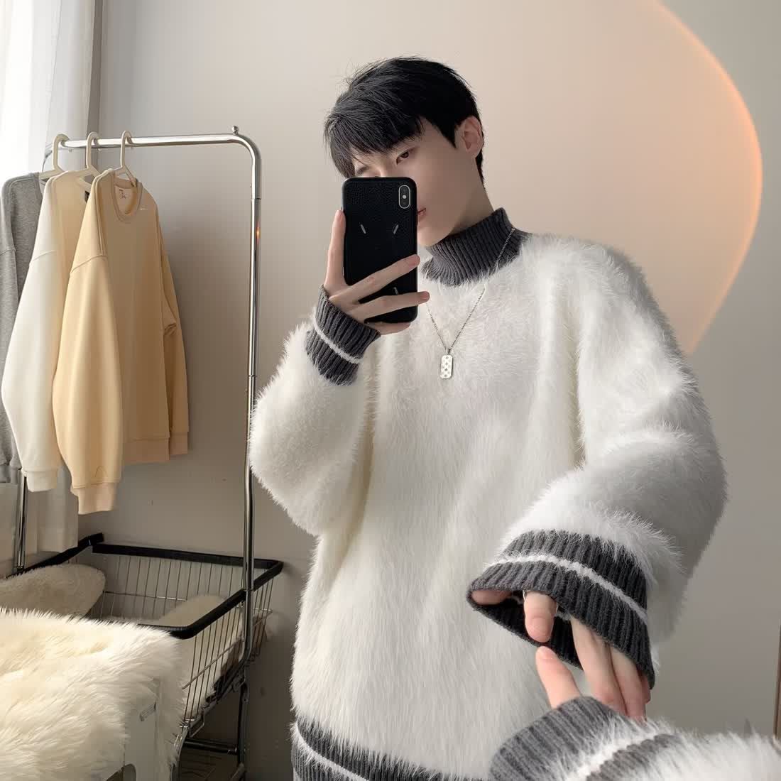 半高領加厚仿馬海毛慵懶風條紋針織毛衣